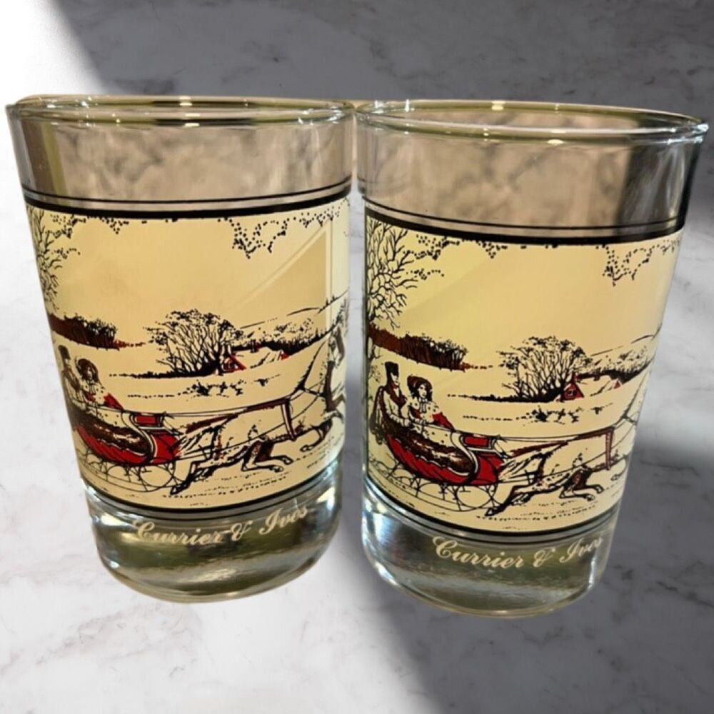 2 Vintage Currier & Ives “The Road In Winter” Glasses